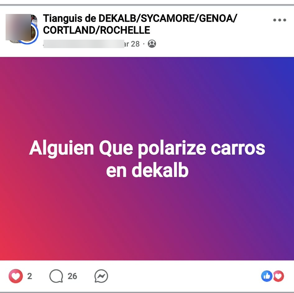 Facebook post from a DeKalb community group asking for car tint recommendations