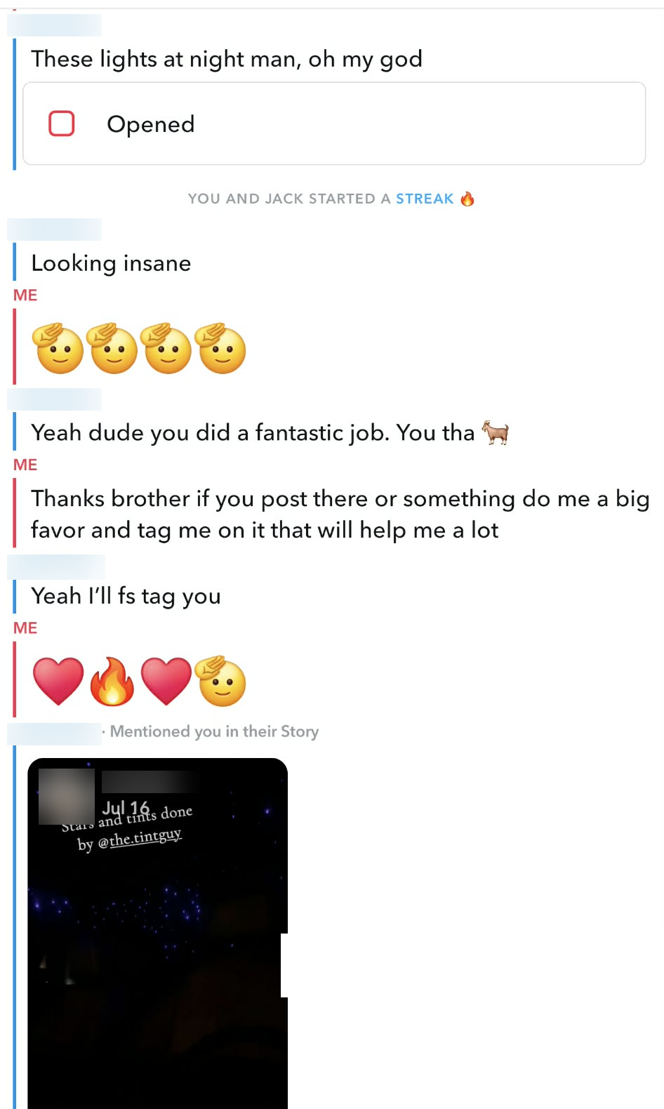 Customer text conversation praising the starlight headliner install, later tagging @the.tintguy in his own Snapchat story